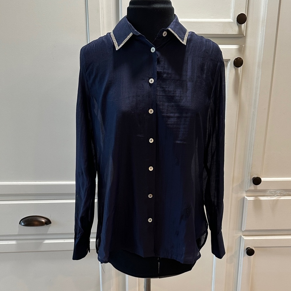 Bailey 44 Dark Blue Sheer Button Down Shirt with Rhinestone  Accents